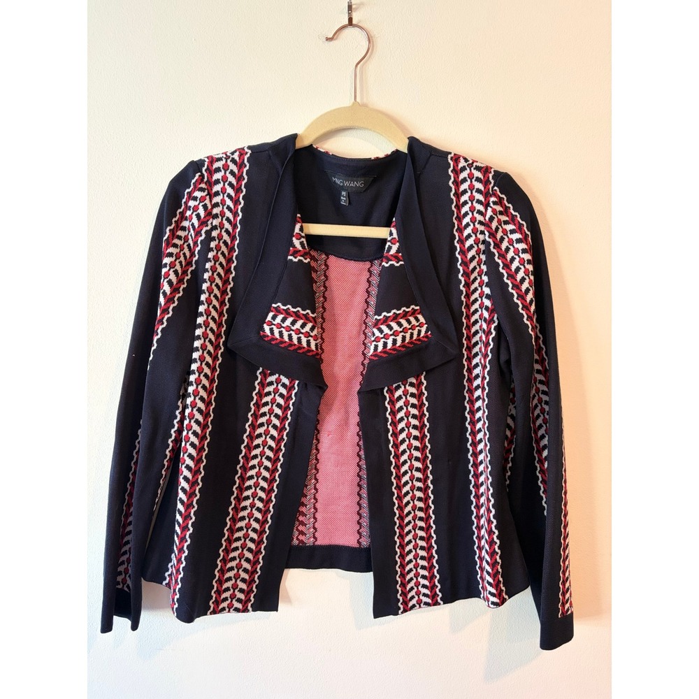 Ming Wang Knit Jacket Black Red White Geometric Open Front Shawl Collar Petite S